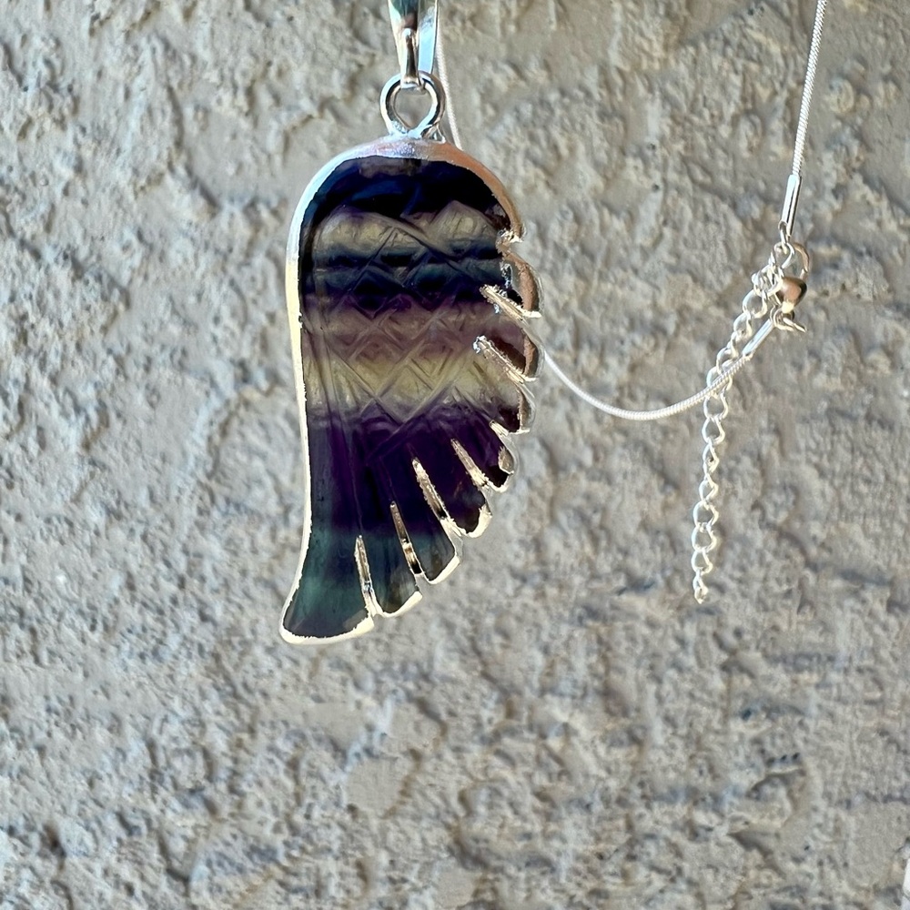 Rainbow fluorite stone angel wing necklace